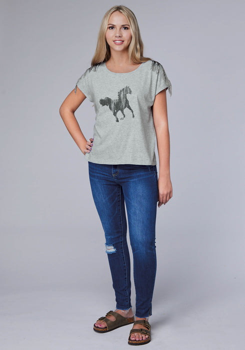 Roper Womens Black Mustang Grey Cotton Blend S/S T-Shirt