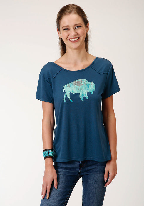 Roper Womens Navy Blue Poly/Rayon Buffalo Yoke S/S T-Shirt