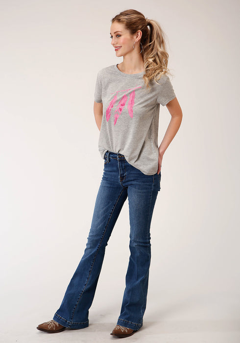 Roper Womens Grey Poly/Rayon Pink Feathers S/S T-Shirt