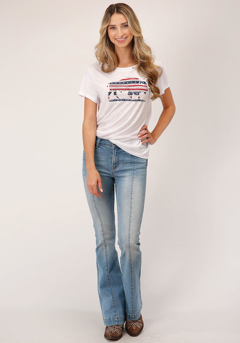 Roper Womens Patriotic Buffalo White Poly/Rayon S/S T-Shirt