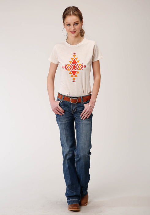 Roper Womens White 100% Cotton Red Aztec S/S T-Shirt