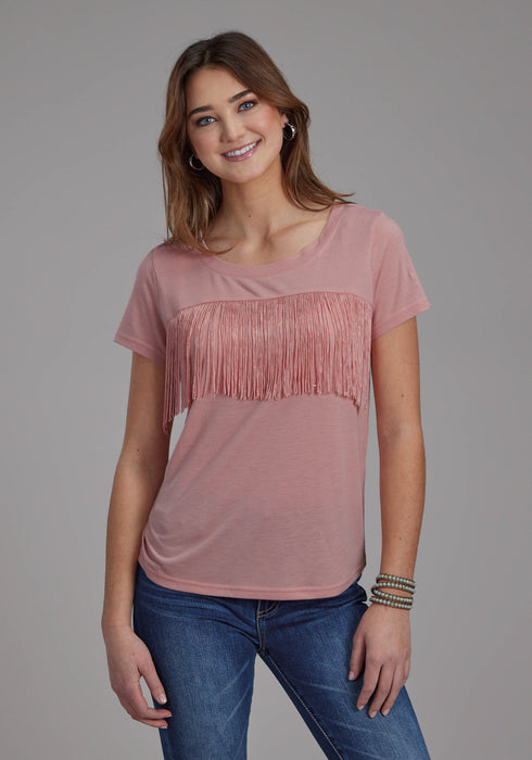 Roper Womens Front Yoke Fringe Pink Poly/Rayon S/S T-Shirt