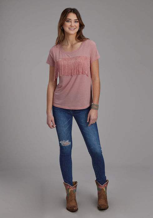 Roper Womens Front Yoke Fringe Pink Poly/Rayon S/S T-Shirt