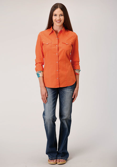 Roper Womens Orange 100% Cotton Solid Poplin L/S Snap Shirt