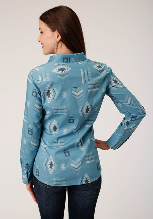 Roper Womens Blue 100% Cotton Aztec Mash Up L/S Shirt