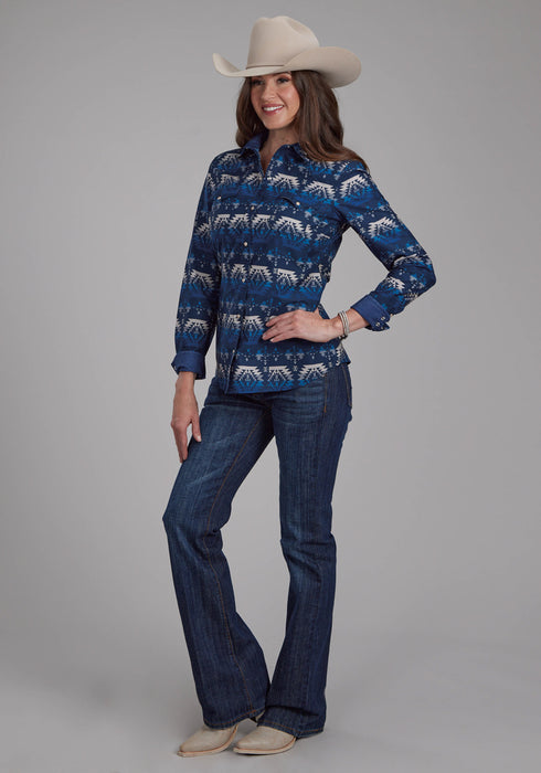 Roper Womens 2168 Ombre Aztec Blue 100% Cotton L/S Shirt