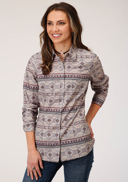 Roper Womens Grey 100% Cotton Blanket Aztec L/S Shirt