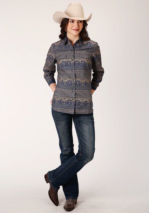 Roper Womens Blue 100% Cotton Navy Aztec Stripe L/S Shirt