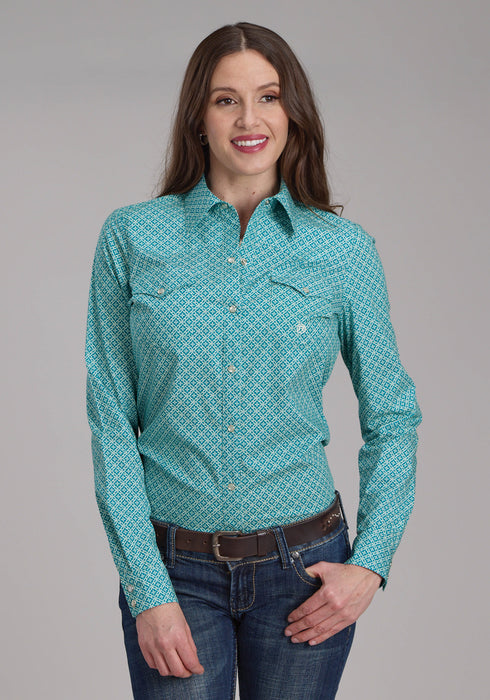 Roper Womens Four Point Foulard Turquoise Cotton Blend L/S Shirt