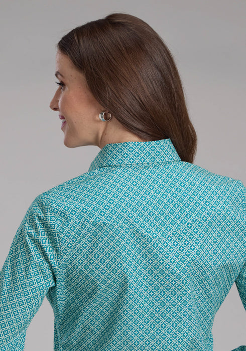 Roper Womens Four Point Foulard Turquoise Cotton Blend L/S Shirt