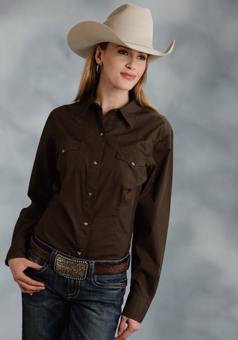 Roper Basic Solid Ladies Chocolate 100% Cotton L/S Western Shirt