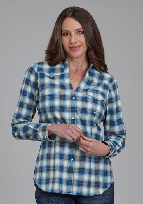 Roper Womens 2164 Stretch Plaid Blue Cotton Blend L/S Shirt