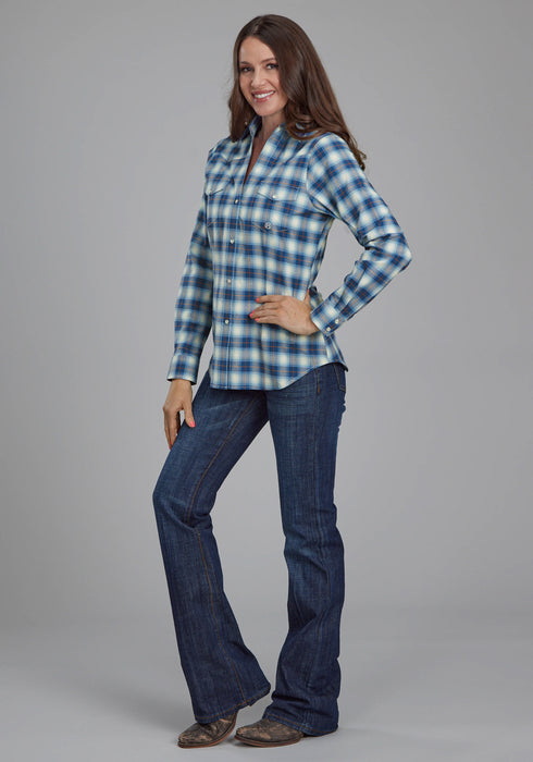 Roper Womens 2164 Stretch Plaid Blue Cotton Blend L/S Shirt