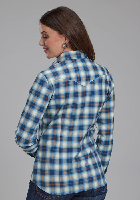 Roper Womens 2164 Stretch Plaid Blue Cotton Blend L/S Shirt