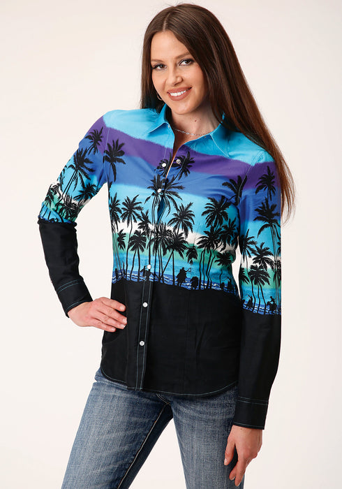 Roper Womens Blue 100% Cotton Beach Roundup Border L/S Shirt