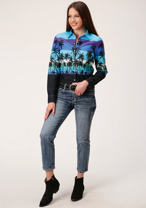 Roper Womens Blue 100% Cotton Beach Roundup Border L/S Shirt