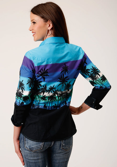 Roper Womens Blue 100% Cotton Beach Roundup Border L/S Shirt