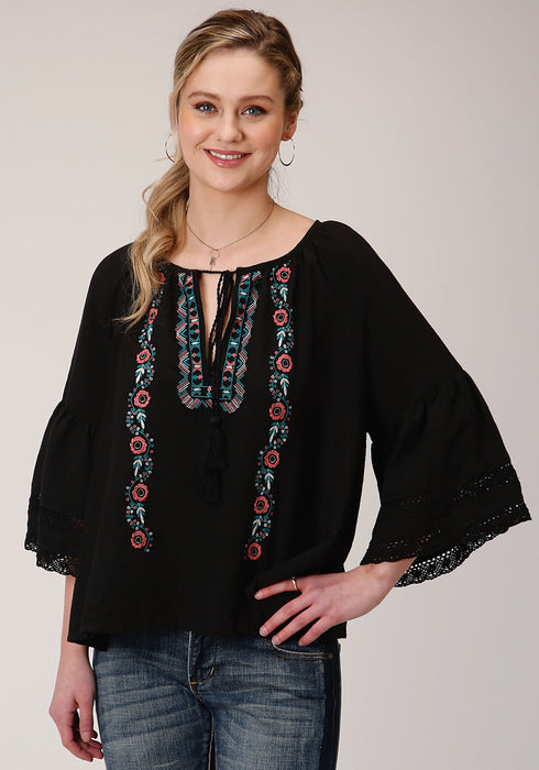 Roper Womens Black 100% Cotton Peasant 3/4 Sleeve Blouse