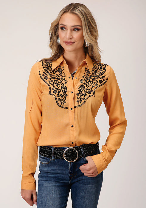 Roper Womens Gold Rayon/Nylon Challis Embroidered L/S Shirt