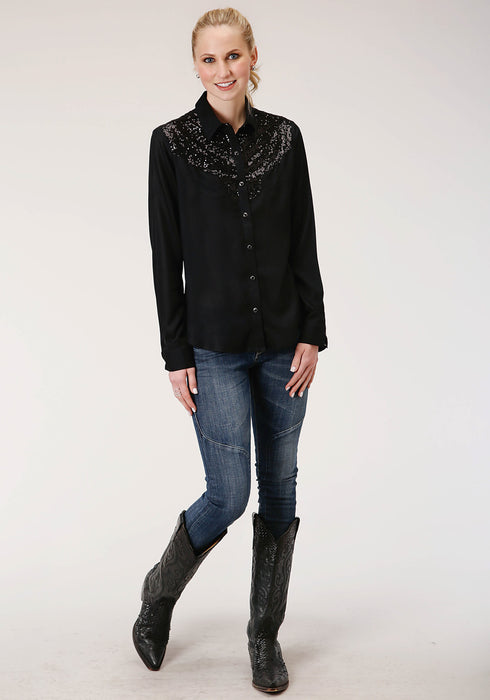 Roper Womens Sequin Boyfriend Black 100% Rayon L/S Shirt