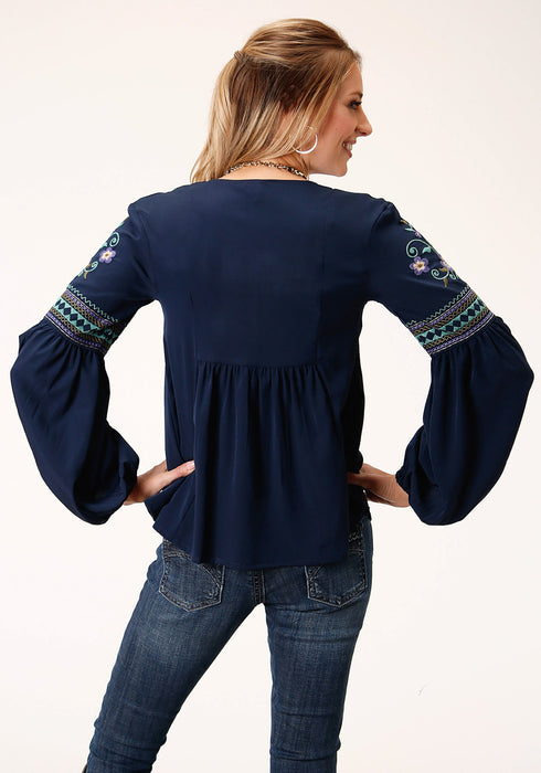 Roper Womens Blue Polyester V-Neck Peasant L/S Blouse