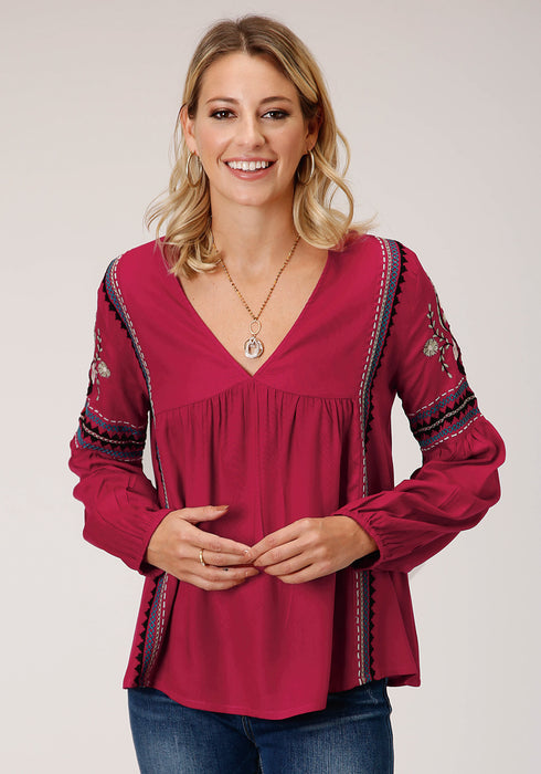 Roper Womens Raspberry Rayon/Nylon Challis L/S Blouse