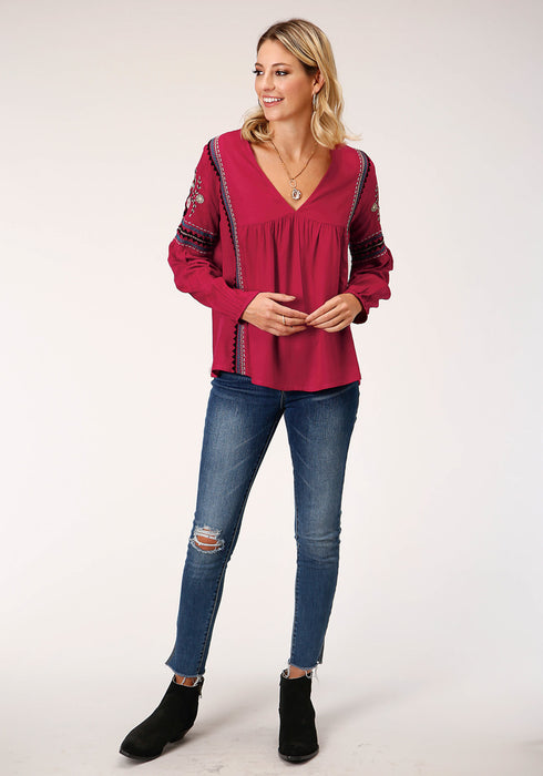 Roper Womens Raspberry Rayon/Nylon Challis L/S Blouse