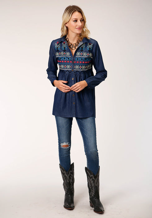 Roper Womens Indigo Denim 100% Cotton Geometric L/S Tunic