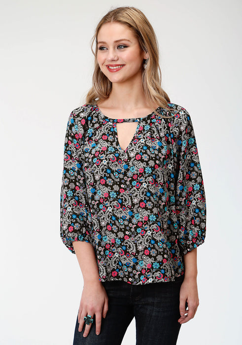 Roper Womens Black Rayon/Nylon Country Paisley S/S Blouse