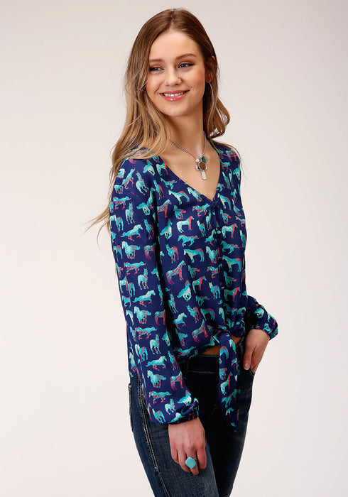 Roper Womens Blue Rayon/Nylon Wild Horse L/S Blouse