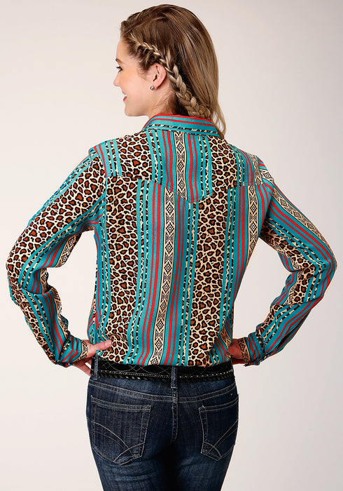 Roper Womens Multi-Color Rayon/Nylon Leopard Stripe L/S Blouse