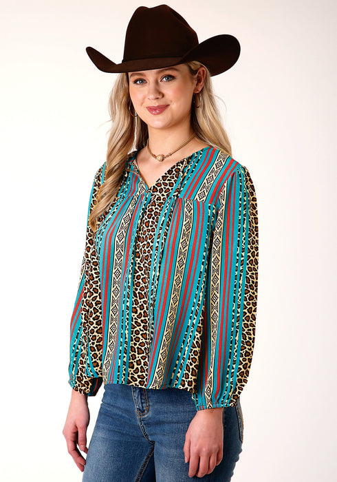 Roper Womens Multi-Color Rayon/Nylon Leopard Stripe L/S Blouse