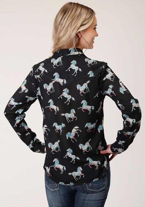 Roper Womens Black Rayon/Nylon Wild Horses L/S Blouse