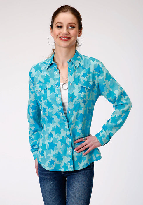 Roper Womens Blue Rayon/Nylon Star Print L/S Western Blouse