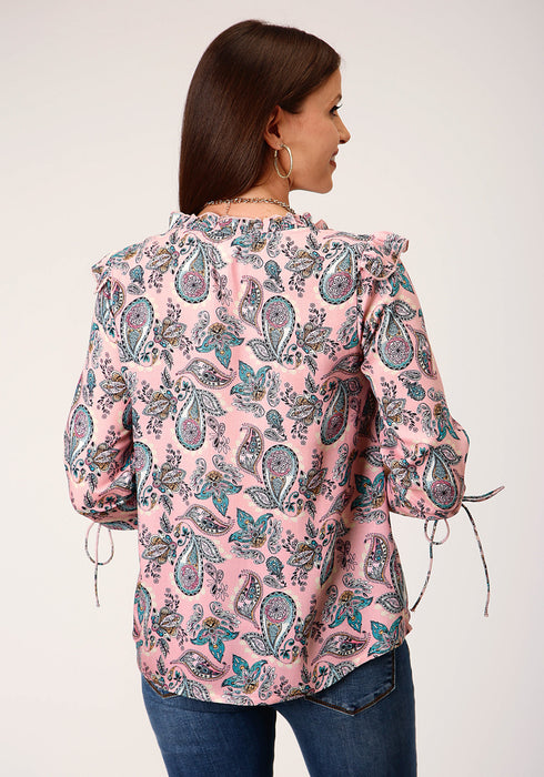 Roper Womens Pink Rayon/Nylon Victorian Paisley S/S Blouse