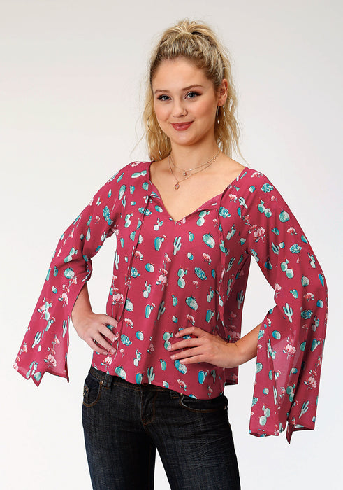 Roper Womens Red Rayon/Nylon Cactus Print L/S Blouse