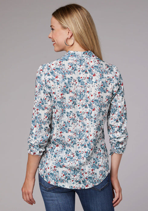 Roper Womens Ditzy Floral White/Blue 100% Rayon L/S Shirt