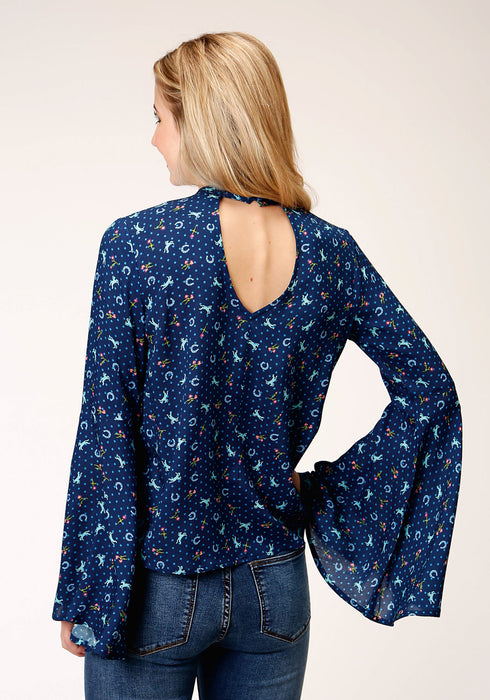 Roper Womens Blue Rayon/Nylon Horse Print L/S Blouse