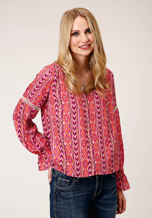 Roper Womens Multi-Color Rayon/Nylon Aztec Print L/S Blouse