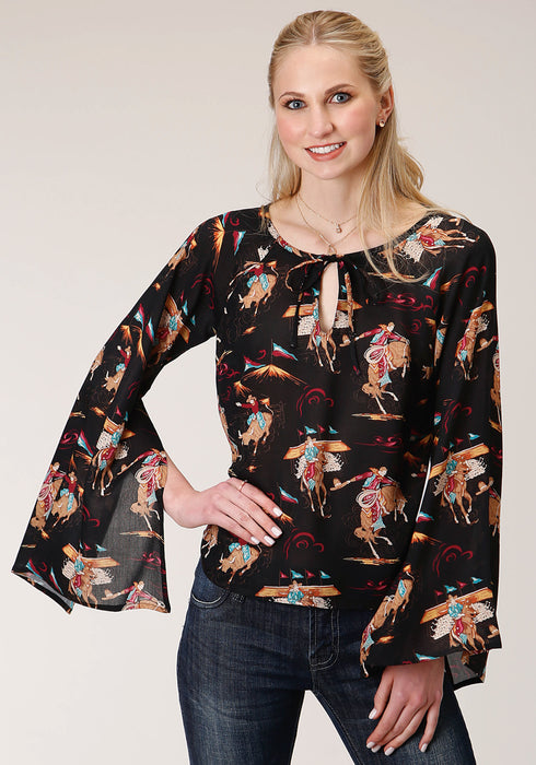 Roper Womens Black Rayon/Nylon Rodeo Print L/S Flowy Blouse