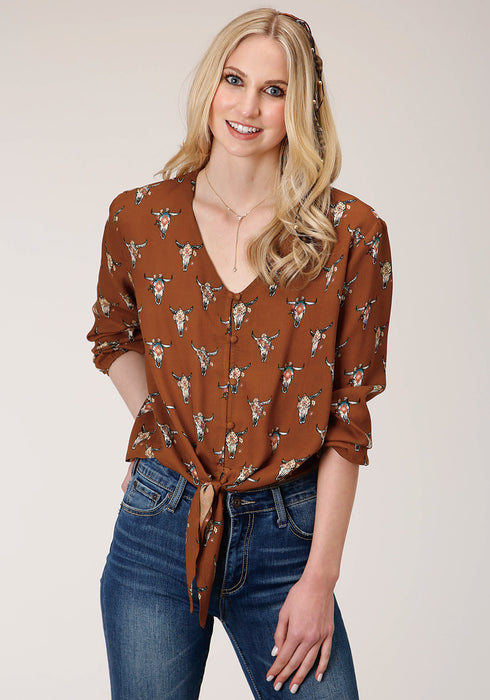 Roper Womens Cow Skulls Brown 100% Rayon L/S Blouse