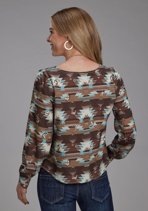 Roper Womens 2201 Icon Aztec Brown Multi 100% Rayon V-neck L/S Blouse