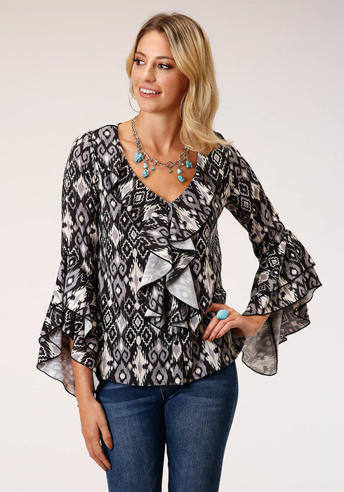 Roper Womens Black Polyester Ikat Crepe L/S Blouse