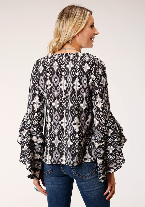 Roper Womens Black Polyester Ikat Crepe L/S Blouse