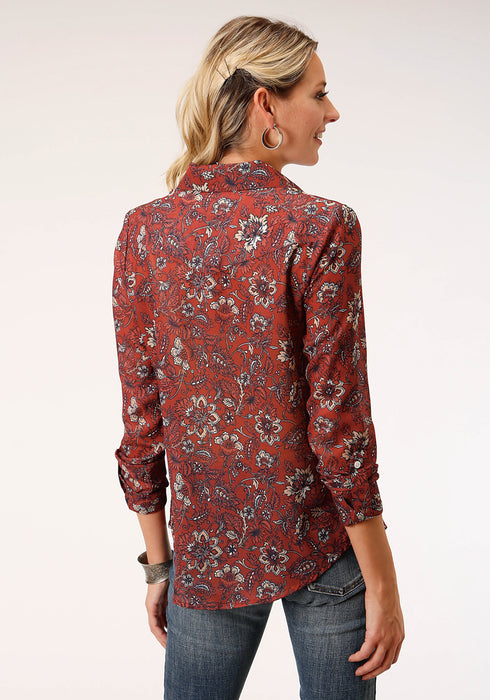 Roper Womens Rust Polyester Floral Border L/S Blouse