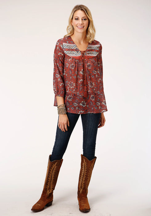 Roper Womens Rust Polyester Floral Border 3/4 Sleeve Blouse