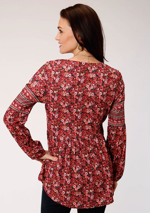 Roper Womens Red Polyester Floral Border L/S Blouse