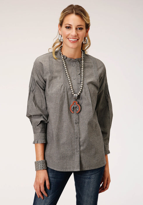 Roper Womens Grey 100% Cotton Romantic Melange L/S Blouse