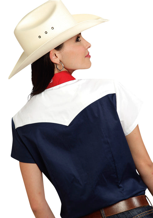 Roper Americana Ladies Blue 100% Cotton Colorblock S/S Flag Western Shirt