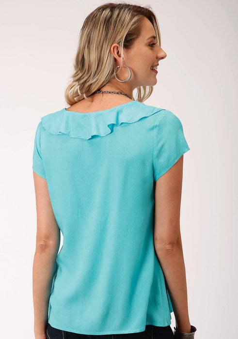 Roper Womens Aqua Blue Rayon/Nylon V-Neck Ruffle S/S Tunic